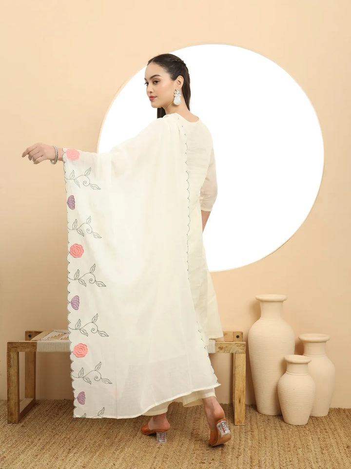 Cream Pure Cotton A-Line Thread Work Kurta Dupatta Set
