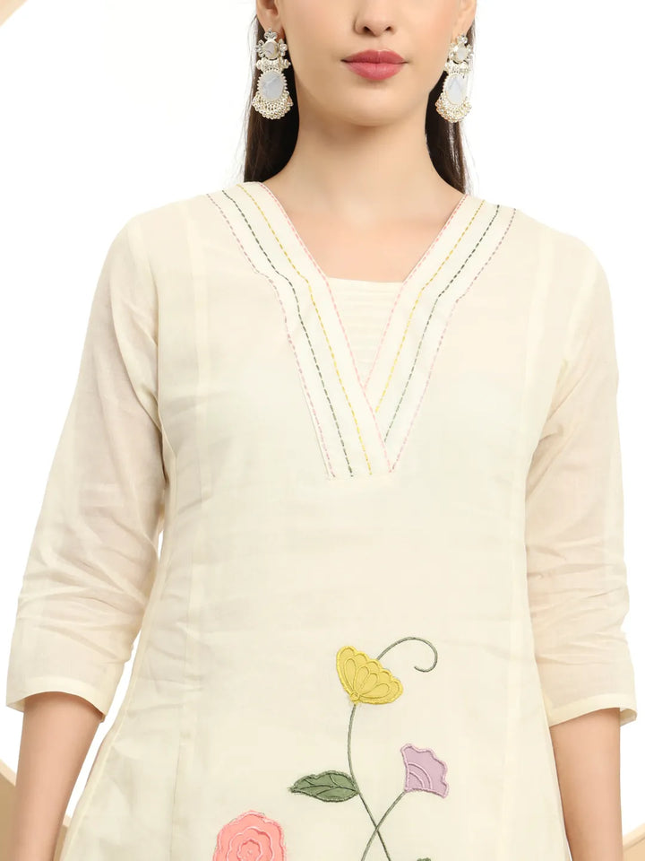 Cream Pure Cotton A-Line Thread Work Kurta Dupatta Set