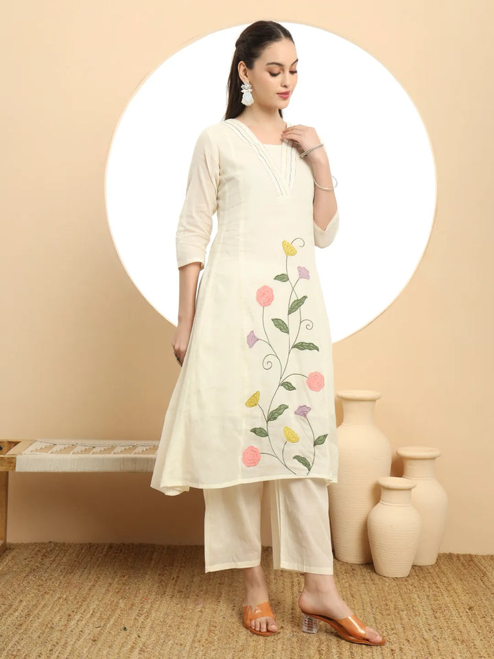 Cream Pure Cotton A-Line Thread Work Kurta Dupatta Set