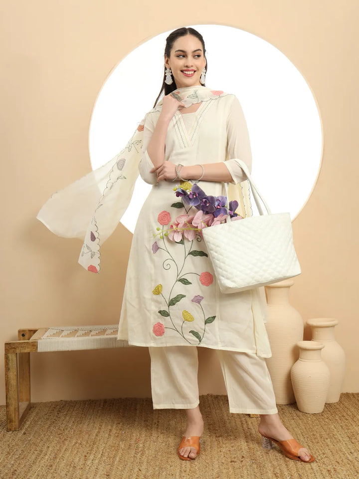 Cream Pure Cotton A-Line Thread Work Kurta Dupatta Set