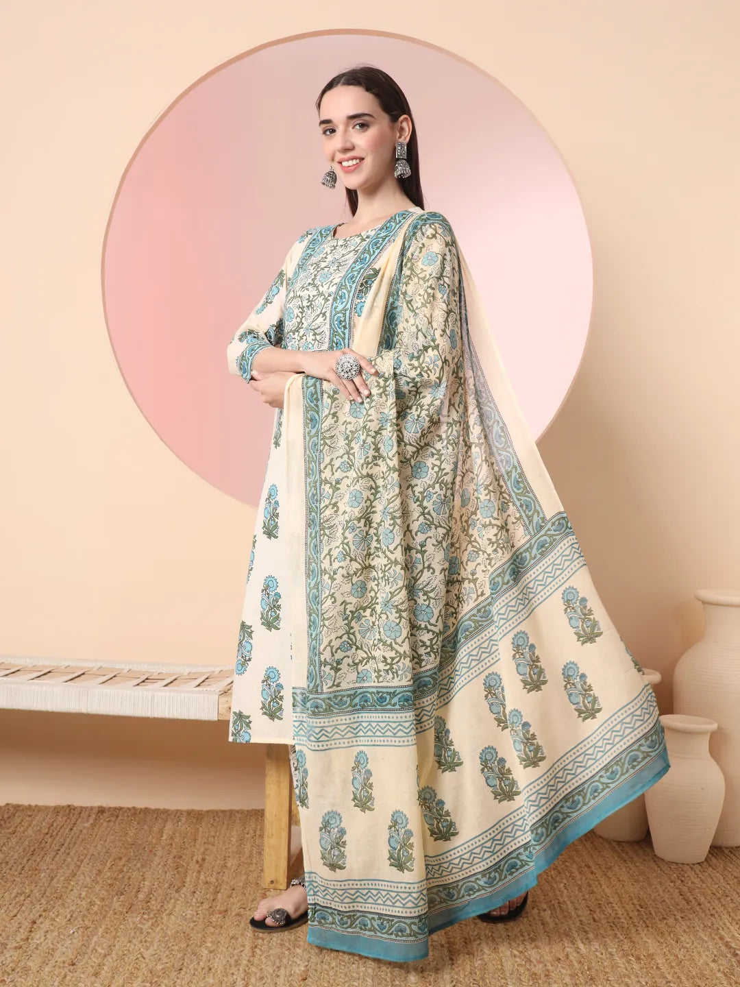 Cream Pure Cotton Block Print Sequins Work Kurta Set With Pant &amp; Dupatta