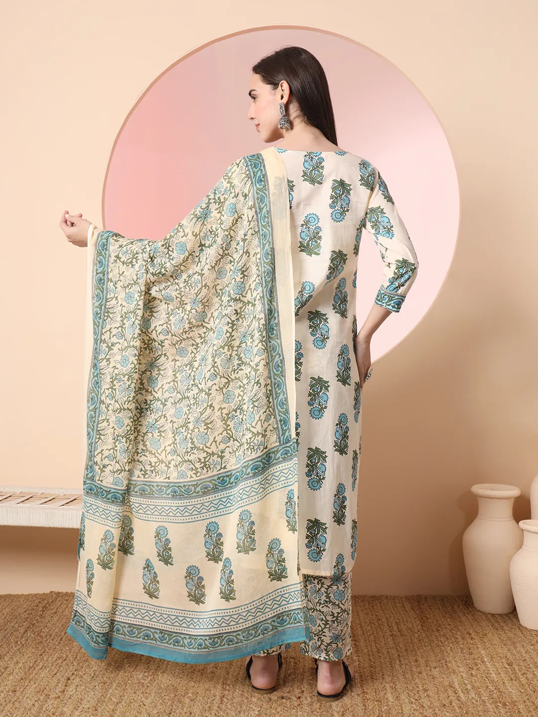 Cream Pure Cotton Block Print Sequins Work Kurta Set With Pant & Dupatta