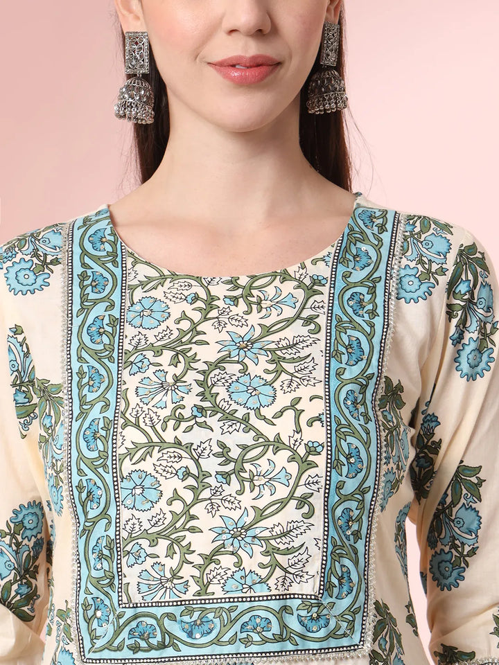 Cream Pure Cotton Block Print Sequins Work Kurta Set With Pant &amp; Dupatta