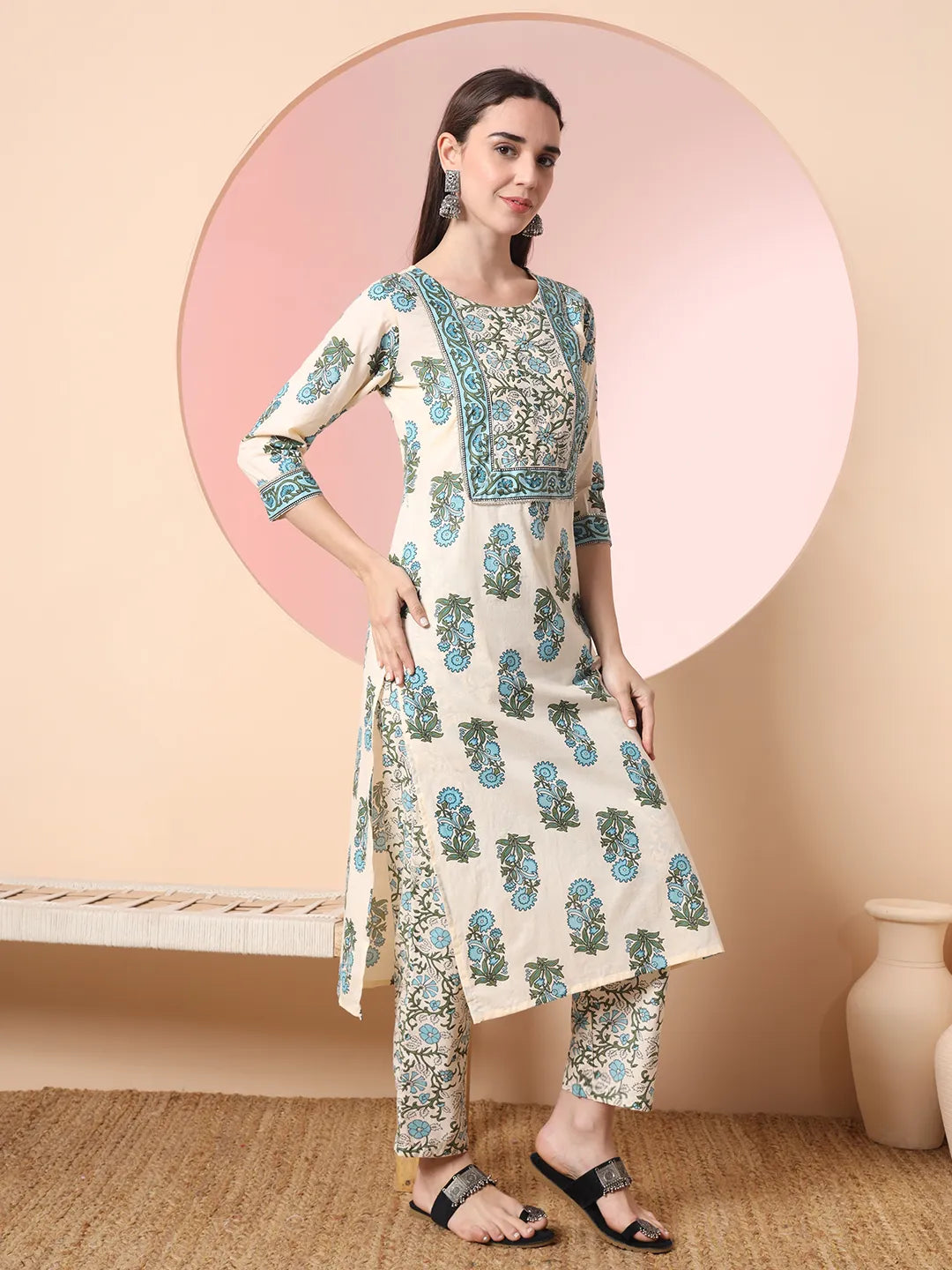 Cream Pure Cotton Block Print Sequins Work Kurta Set With Pant & Dupatta