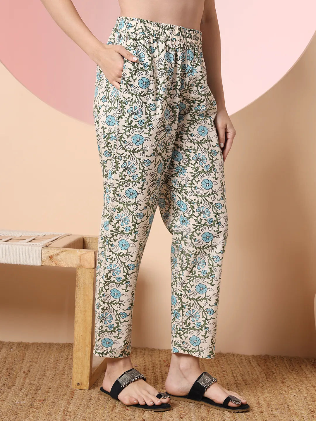 Cream Pure Cotton Block Print Sequins Work Kurta Set With Pant & Dupatta