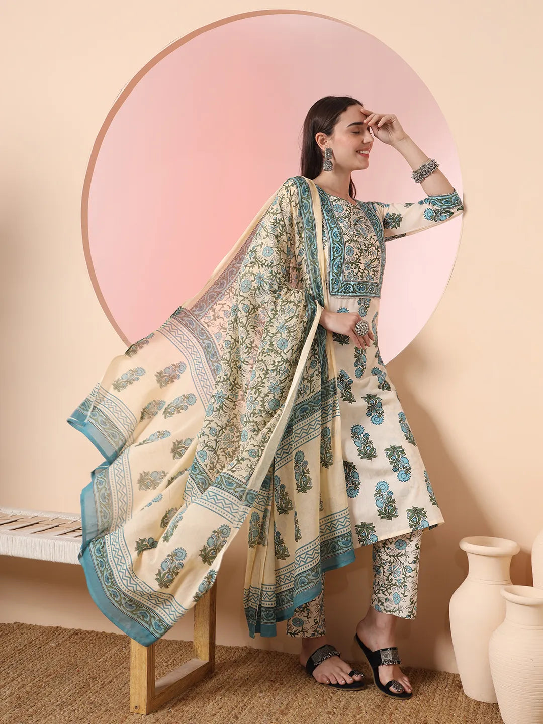 Cream Pure Cotton Block Print Sequins Work Kurta Set With Pant &amp; Dupatta