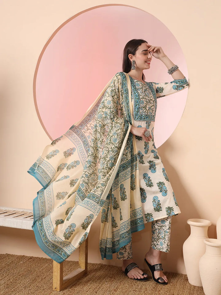 Cream Pure Cotton Block Print Sequins Work Kurta Set With Pant &amp; Dupatta