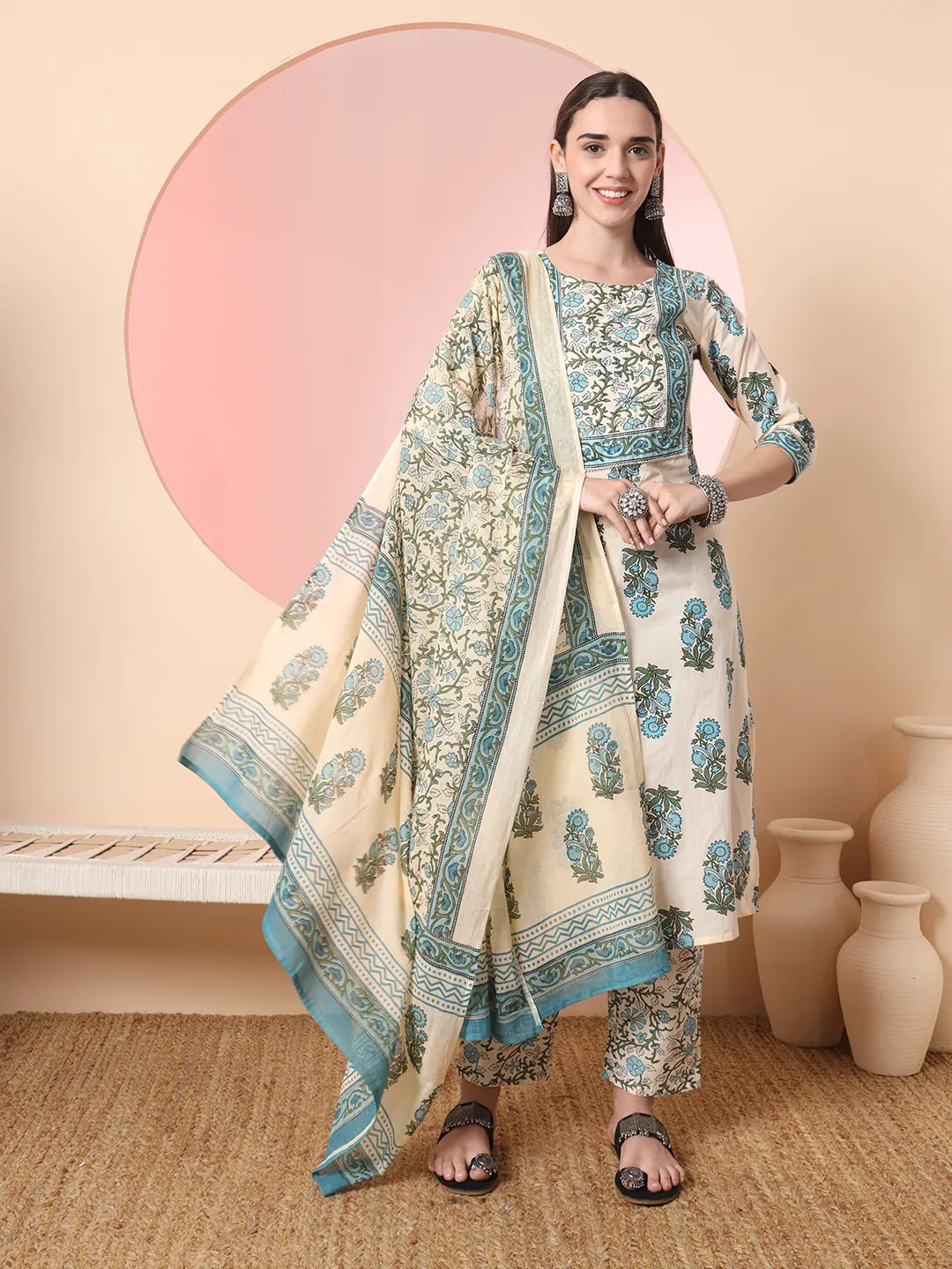 Cream Pure Cotton Block Print Sequins Work Kurta Set With Pant & Dupatta