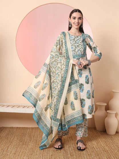 Cream Pure Cotton Block Print Sequins Work Kurta Set With Pant & Dupatta