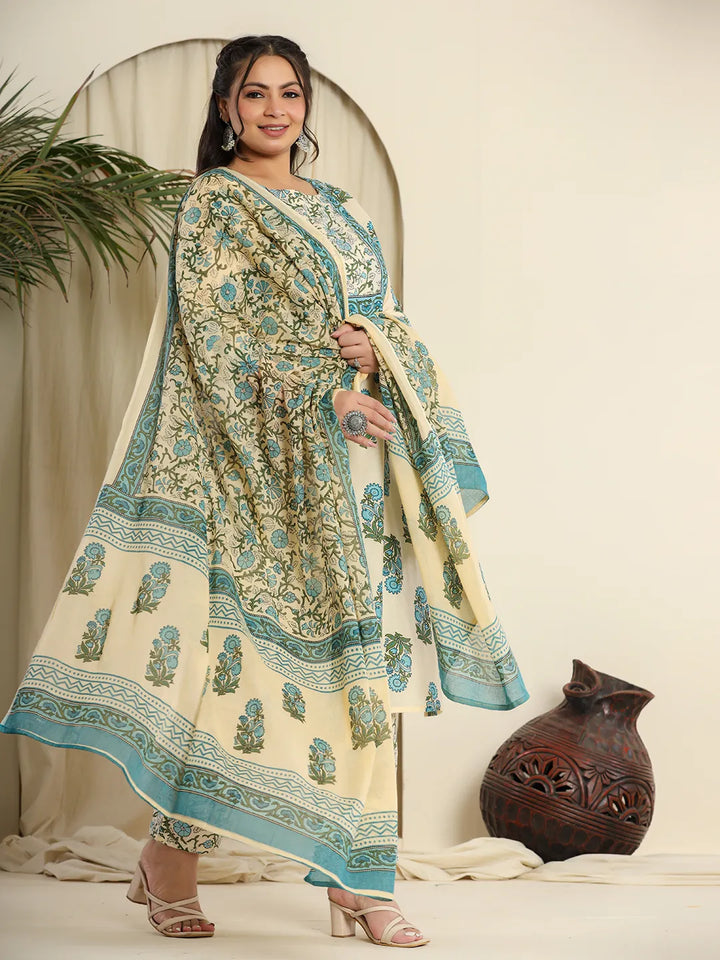 Cream Pure Cotton Kurta Set With Pant &amp; Dupatta