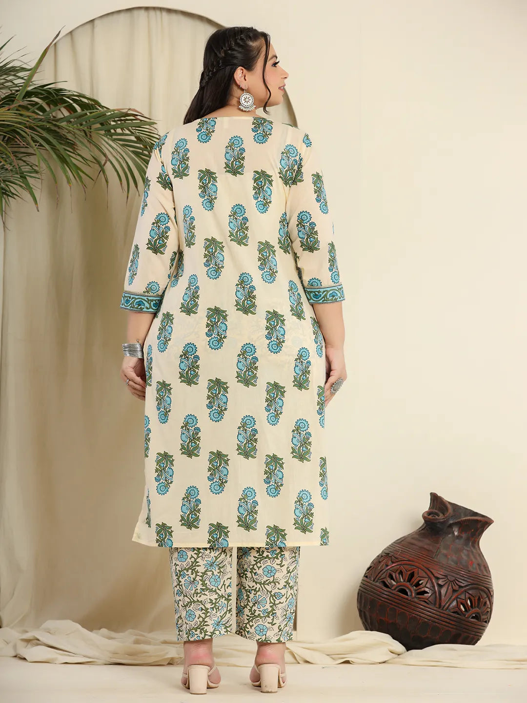 Cream Pure Cotton Kurta Set With Pant &amp; Dupatta