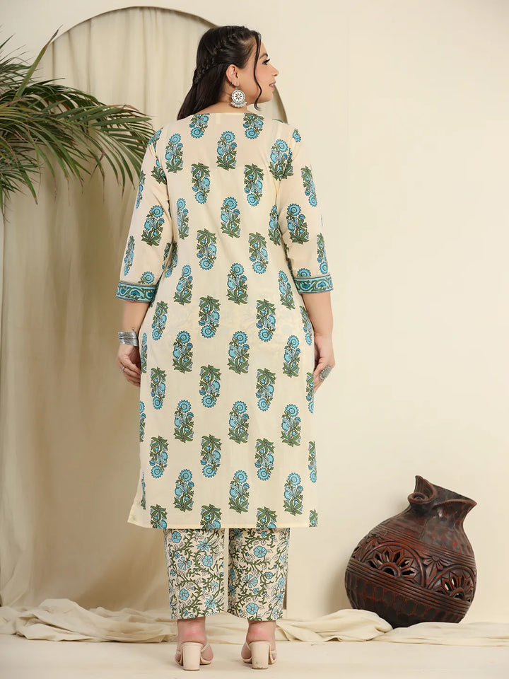 Cream Pure Cotton Kurta Set With Pant &amp; Dupatta