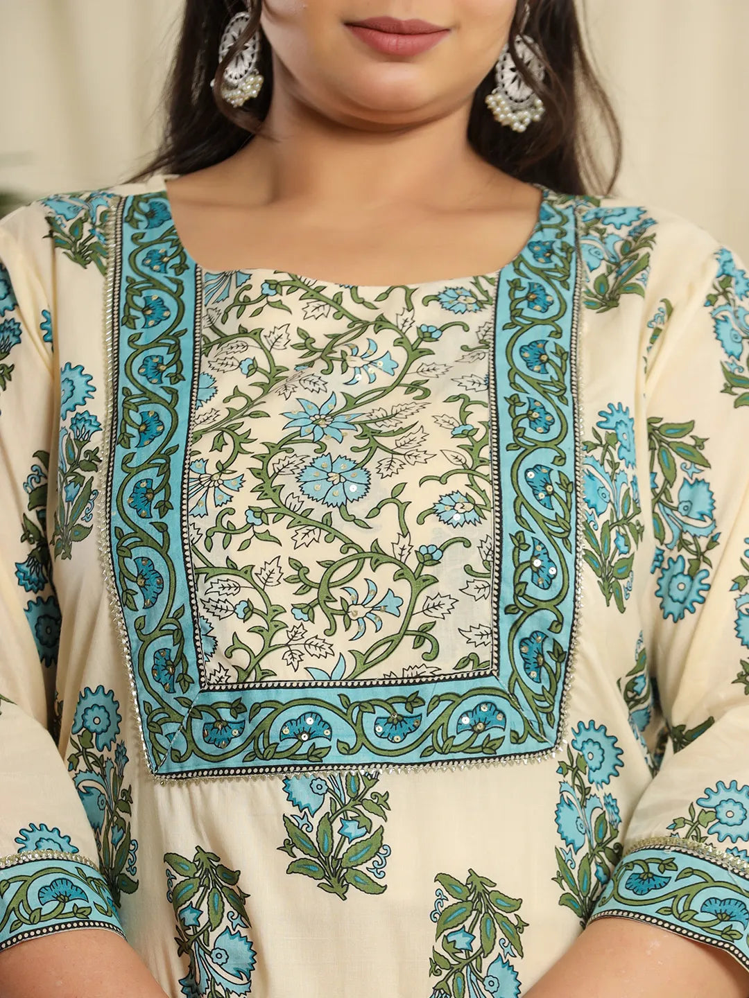 Cream Pure Cotton Kurta Set With Pant &amp; Dupatta