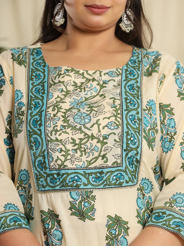 Cream Pure Cotton Kurta Set With Pant &amp; Dupatta