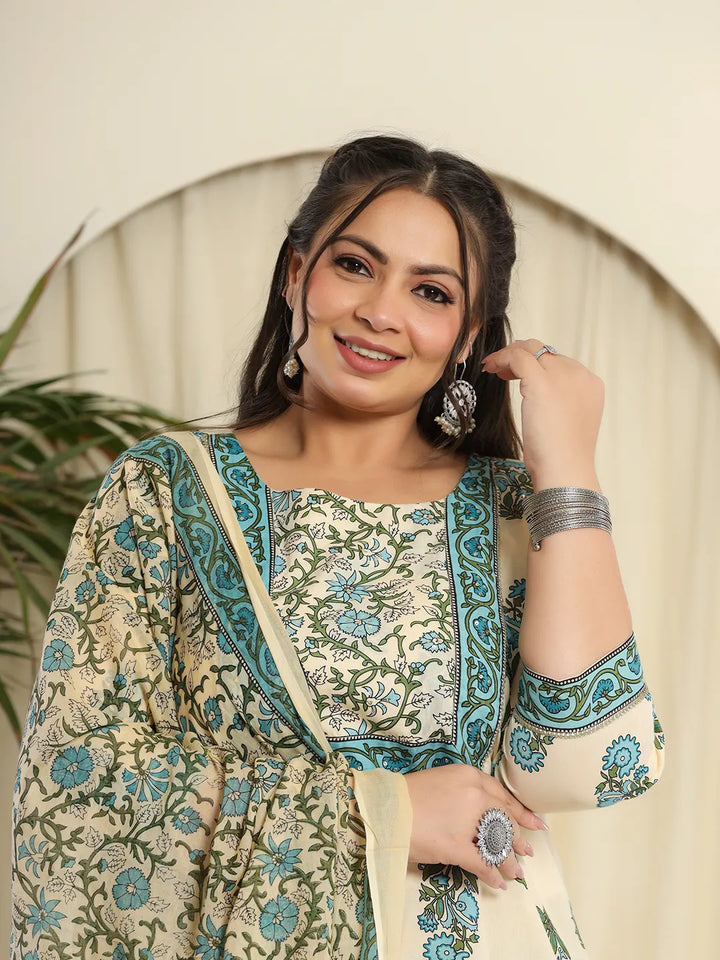 Cream Pure Cotton Kurta Set With Pant &amp; Dupatta