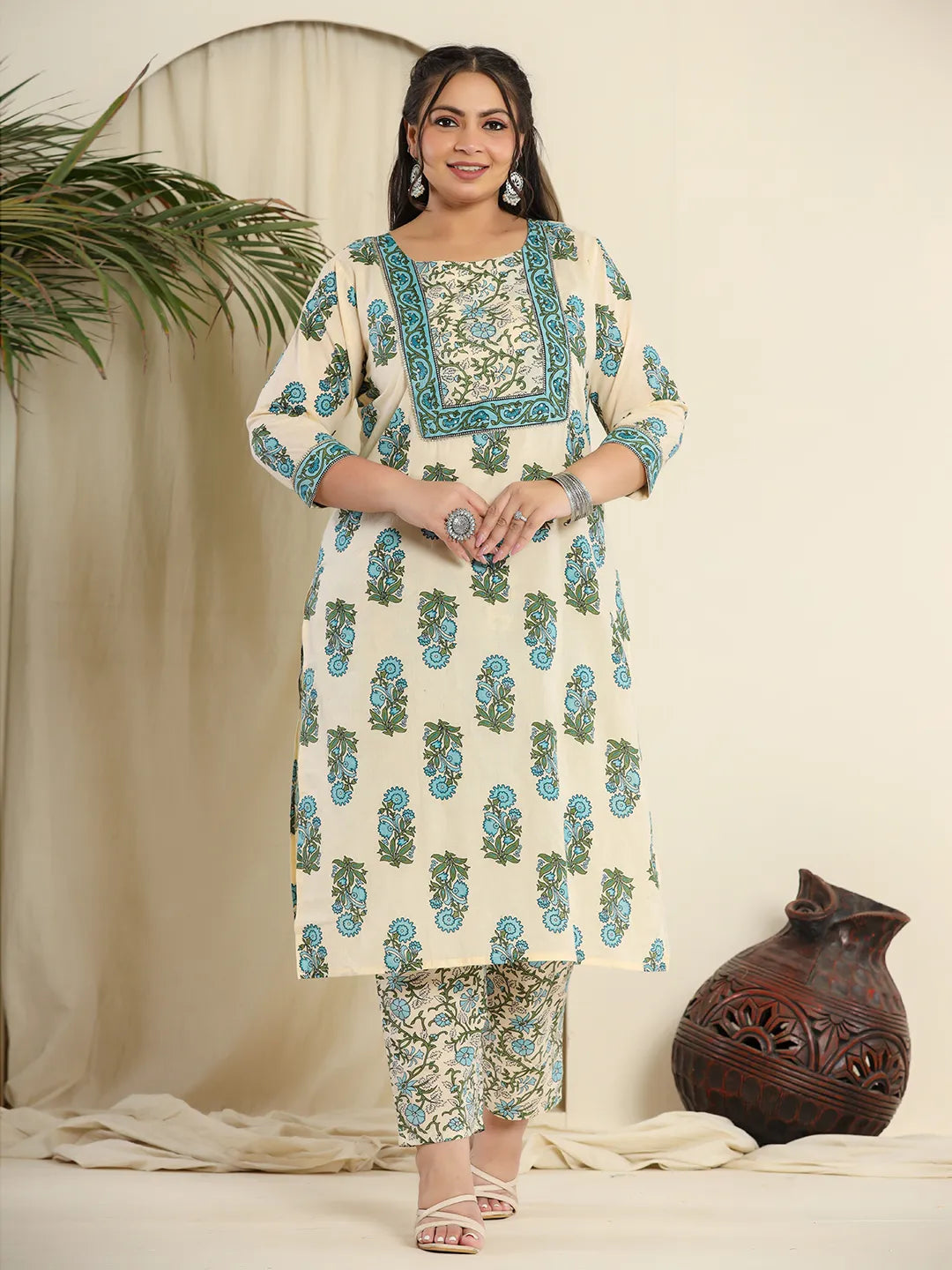 Cream Pure Cotton Kurta Set With Pant &amp; Dupatta
