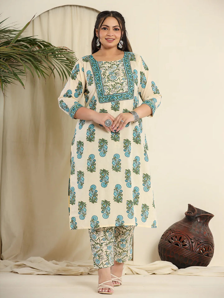 Cream Pure Cotton Kurta Set With Pant &amp; Dupatta