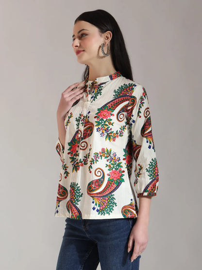 Cream Pure Cotton Paisley Peplum Top