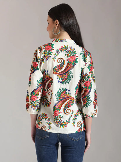 Cream Pure Cotton Paisley Peplum Top
