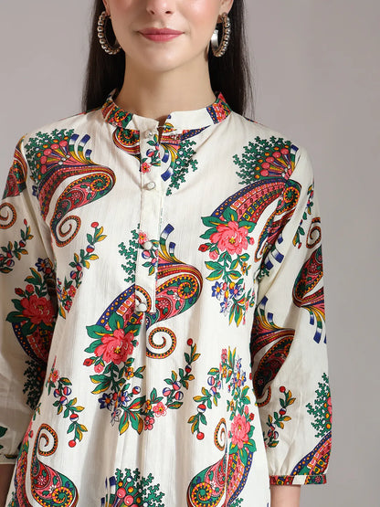 Cream Pure Cotton Paisley Peplum Top