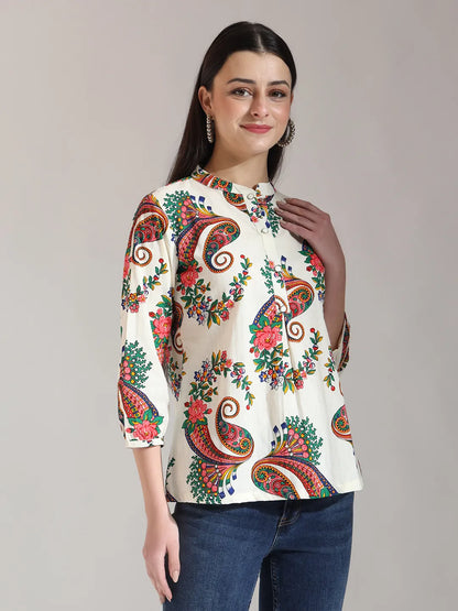 Cream Pure Cotton Paisley Peplum Top
