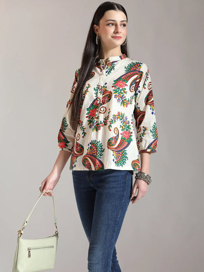 Cream Pure Cotton Paisley Peplum Top