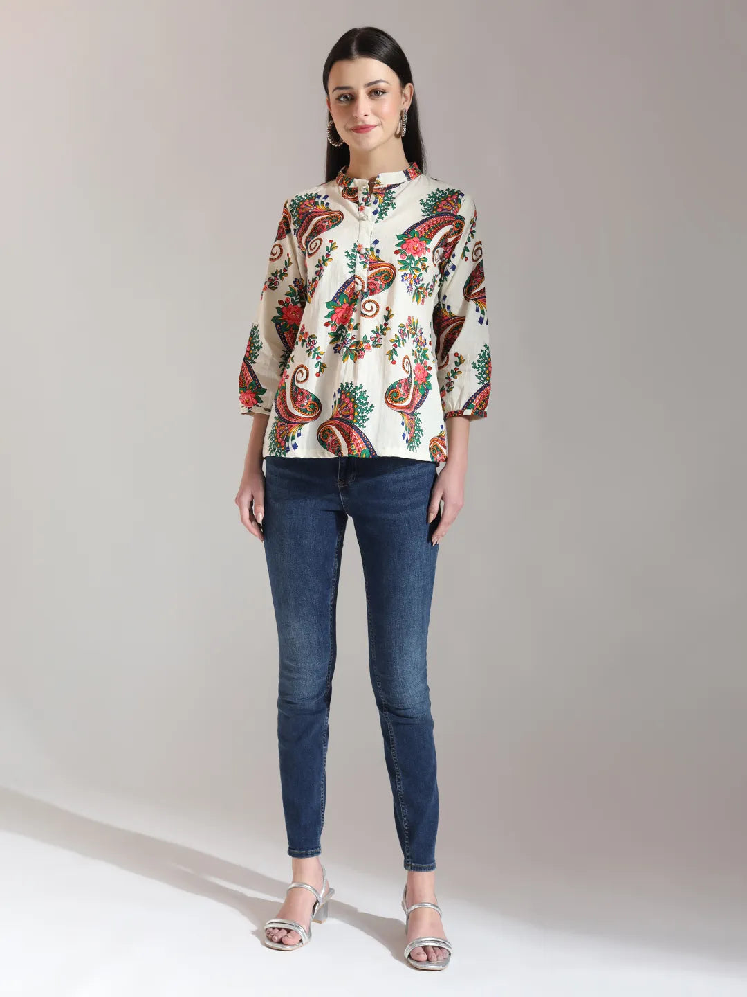 Cream Pure Cotton Paisley Peplum Top