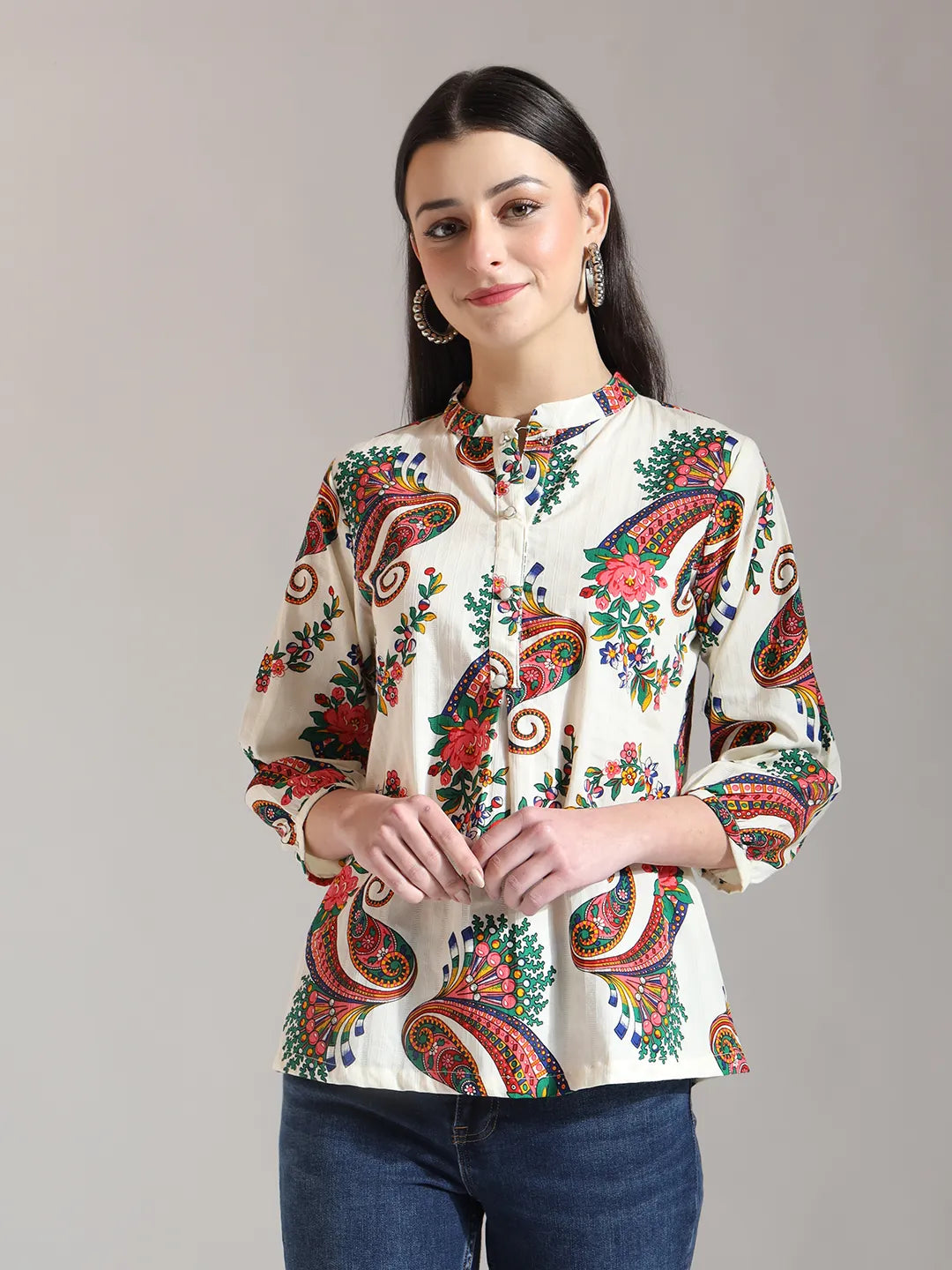 Cream Pure Cotton Paisley Peplum Top