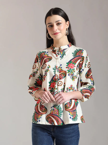 Cream Pure Cotton Paisley Peplum Top