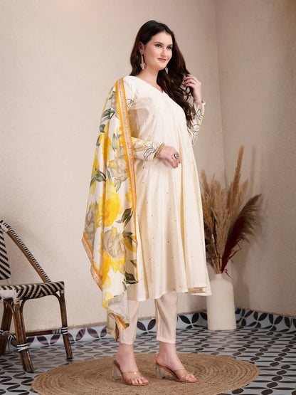 Cream Silk Blend Anarkali Kurta Dupatta Pant Set