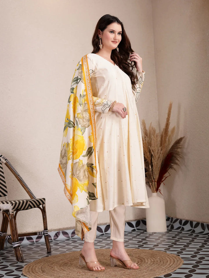 Cream Silk Blend Anarkali Kurta Dupatta Pant Set