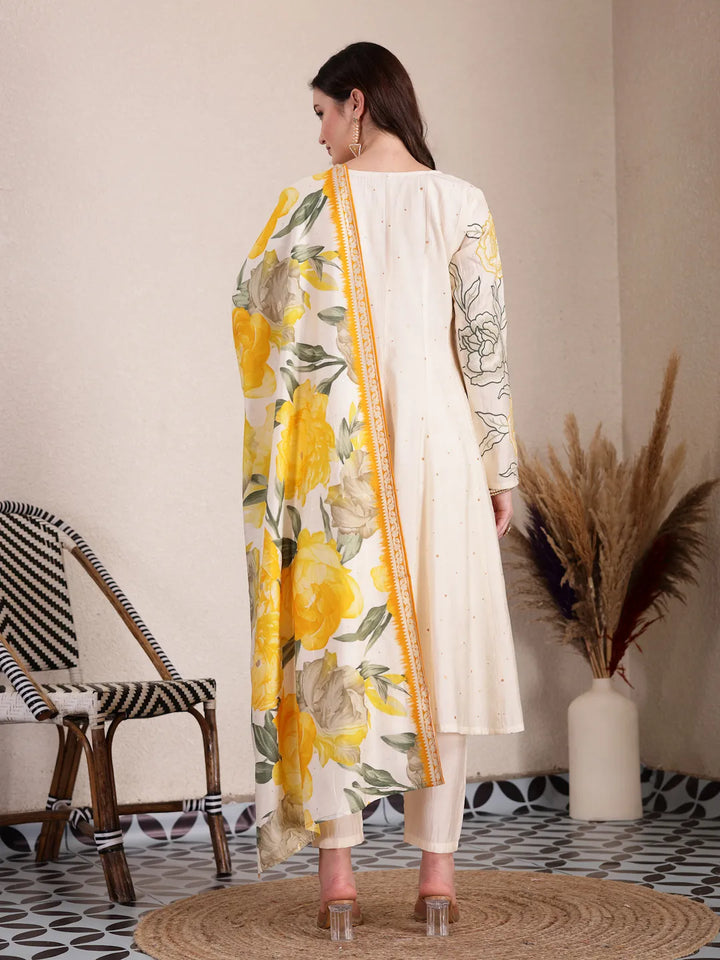 Cream Silk Blend Anarkali Kurta Dupatta Pant Set