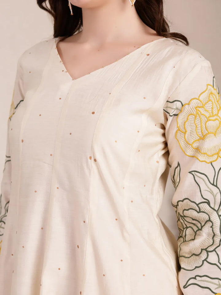 Cream Silk Blend Anarkali Kurta Dupatta Pant Set