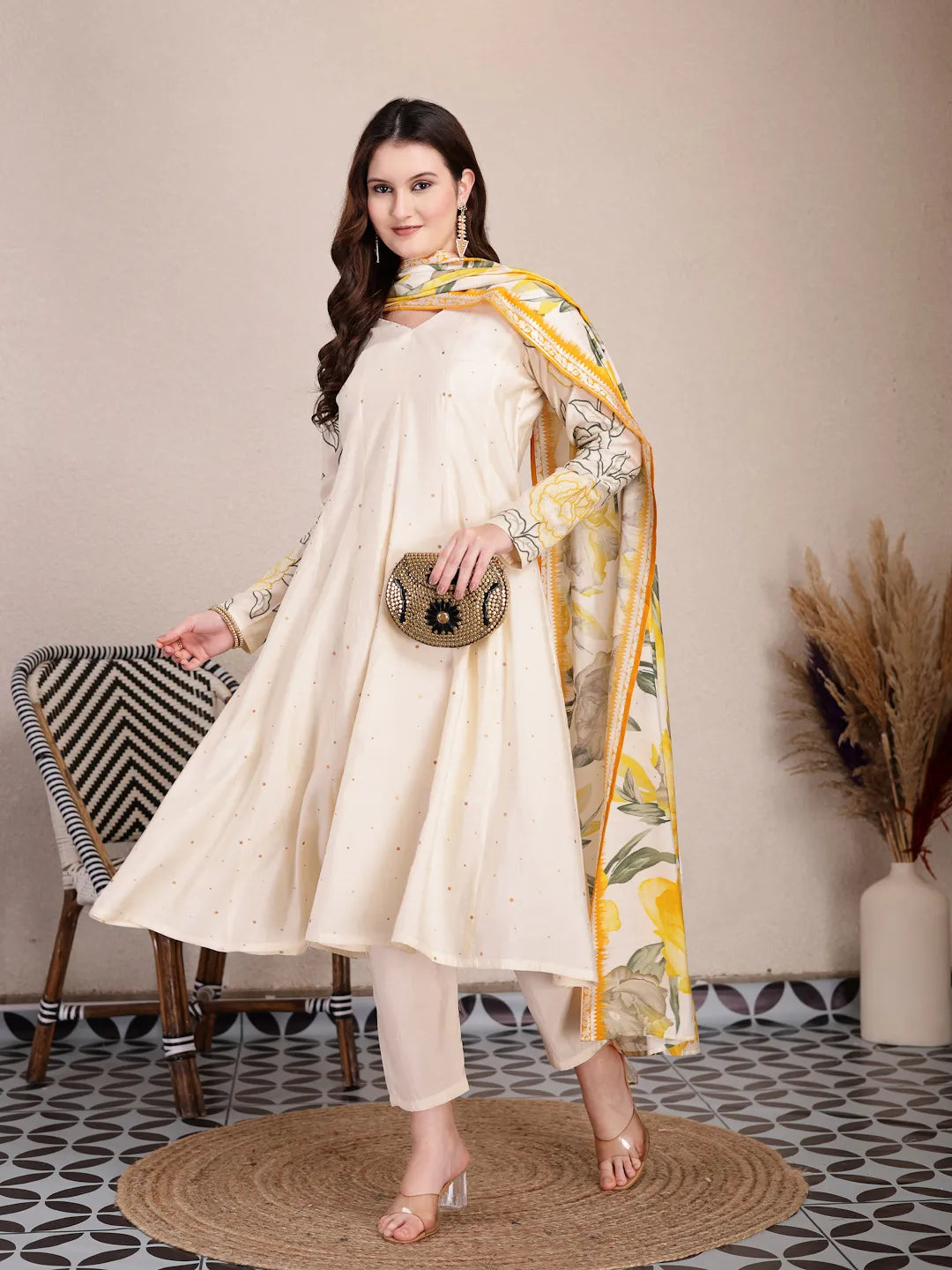 Cream Silk Blend Anarkali Kurta Dupatta Pant Set