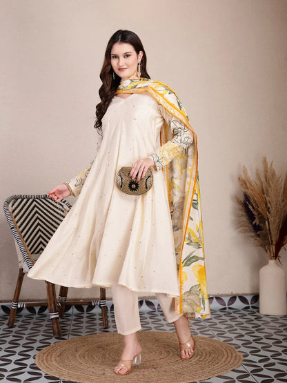 Cream Silk Blend Anarkali Kurta Dupatta Pant Set