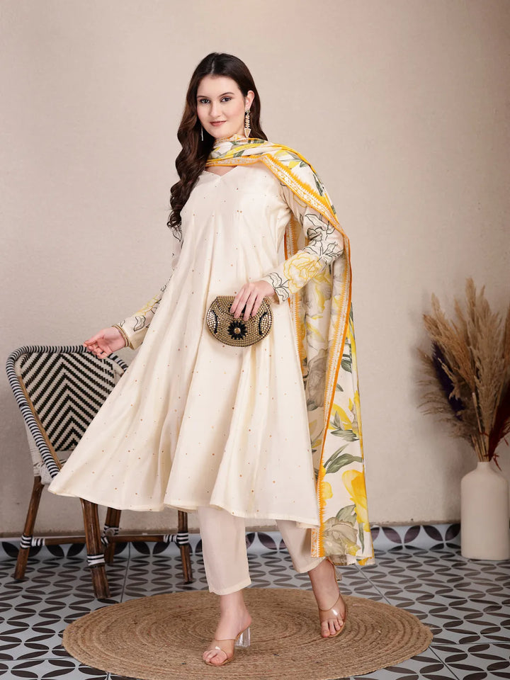 Cream Silk Blend Anarkali Kurta Dupatta Pant Set