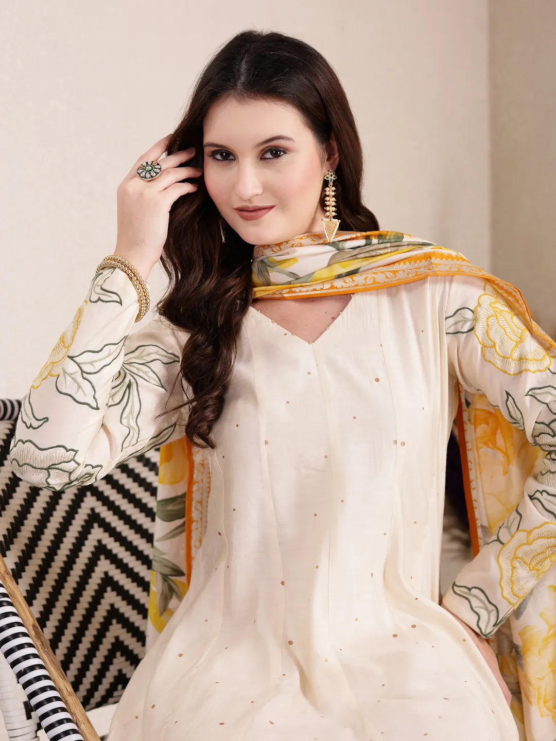 Cream Silk Blend Anarkali Kurta Dupatta Pant Set