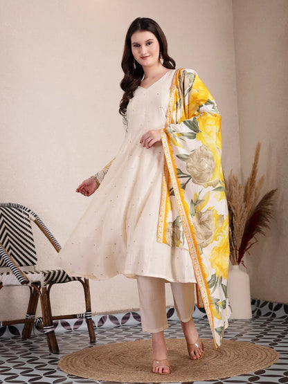 Women's Cream Silk Blend Cream Silk Blend Anarkali Kurta Dupatta Pant Set by Yufta, suitable for wholesale buyers, boutiques, retailers, resellers and bulk fashion orders from Trendphoria