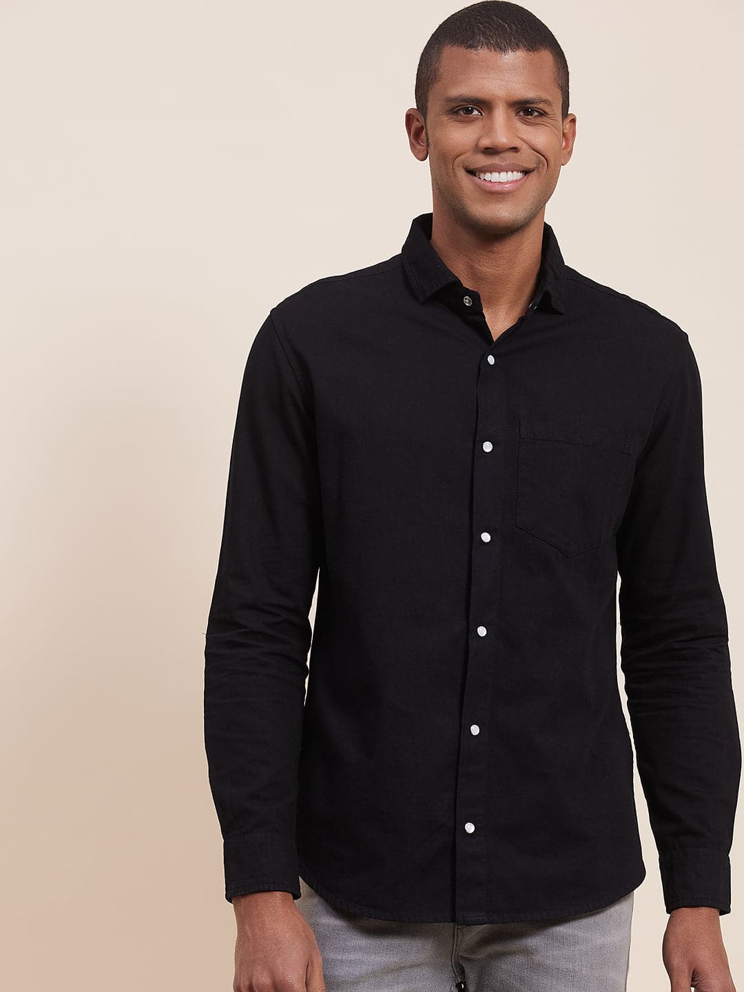 Men'S Black Tencel Elbow Patch Shirt