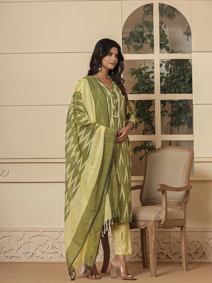 Dark Green Ikat Print Straight Strappy Kurta Trouser And Dupatta Set