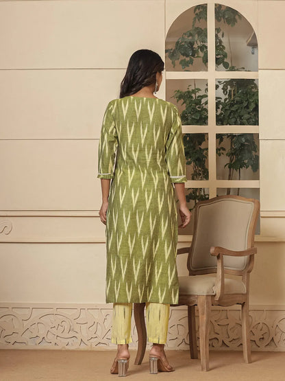 Dark Green Ikat Print Straight Strappy Kurta Trouser And Dupatta Set