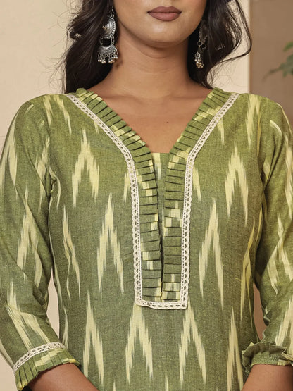 Dark Green Ikat Print Straight Strappy Kurta Trouser And Dupatta Set