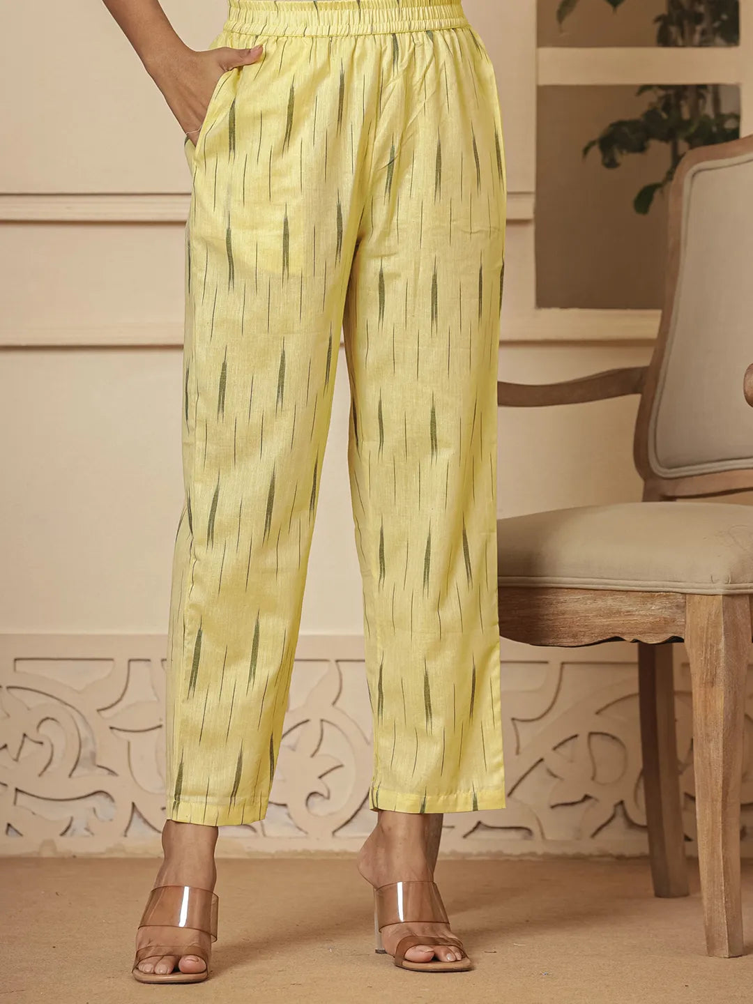 Dark Green Ikat Print Straight Strappy Kurta Trouser And Dupatta Set