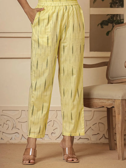 Dark Green Ikat Print Straight Strappy Kurta Trouser And Dupatta Set