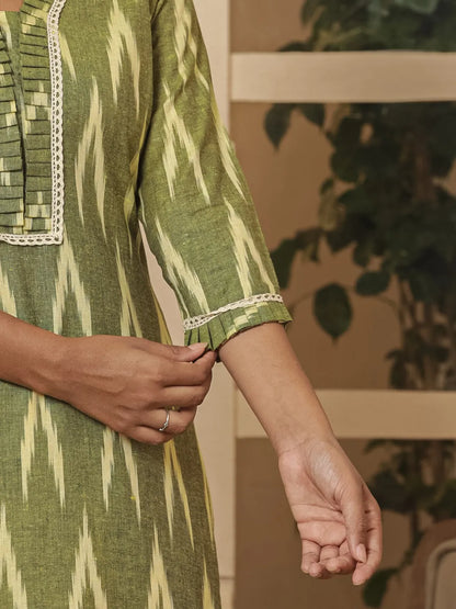 Dark Green Ikat Print Straight Strappy Kurta Trouser And Dupatta Set