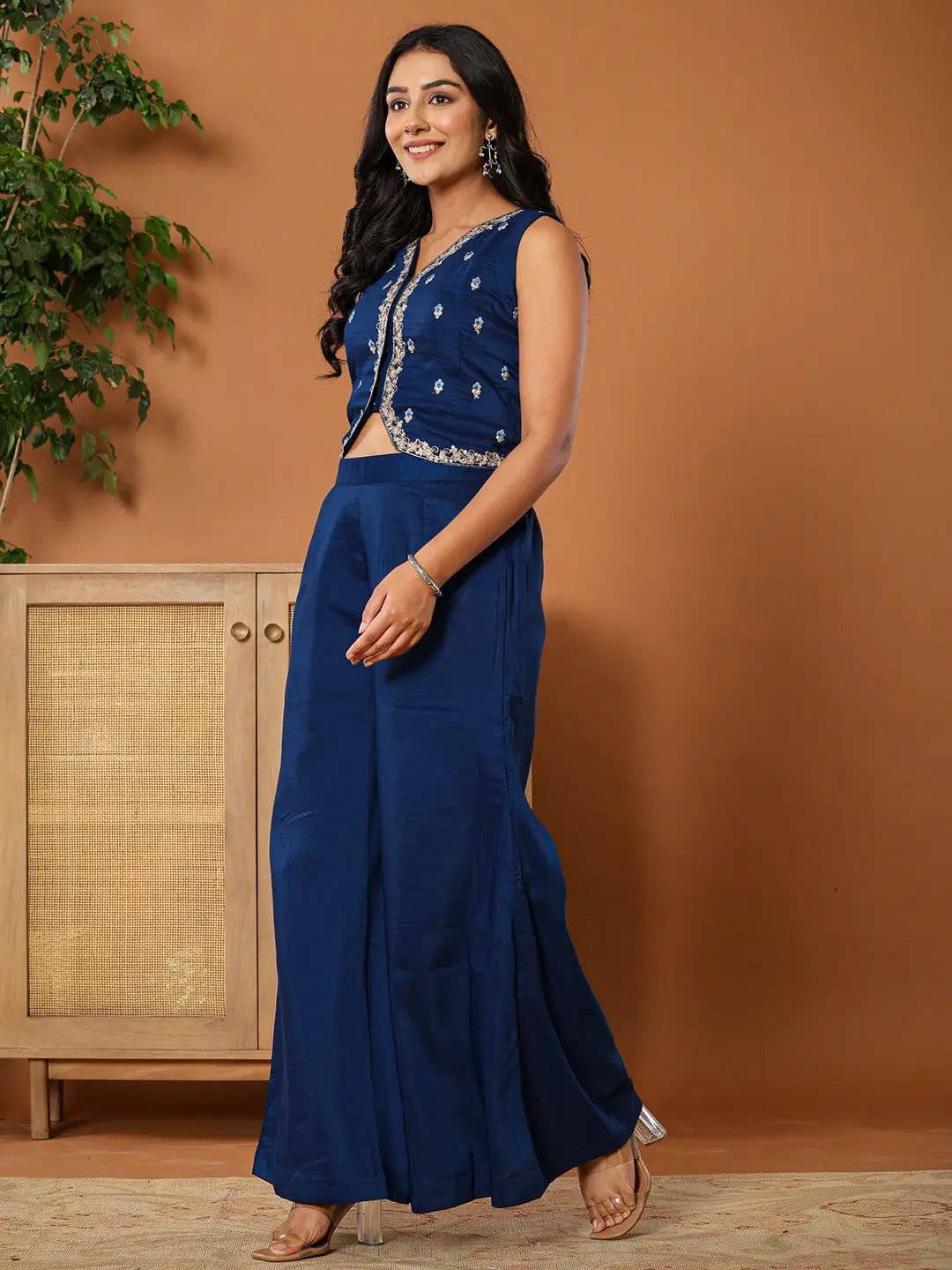 Embroidered Blue Waistcoat Co   Ord Set With Attached Lining