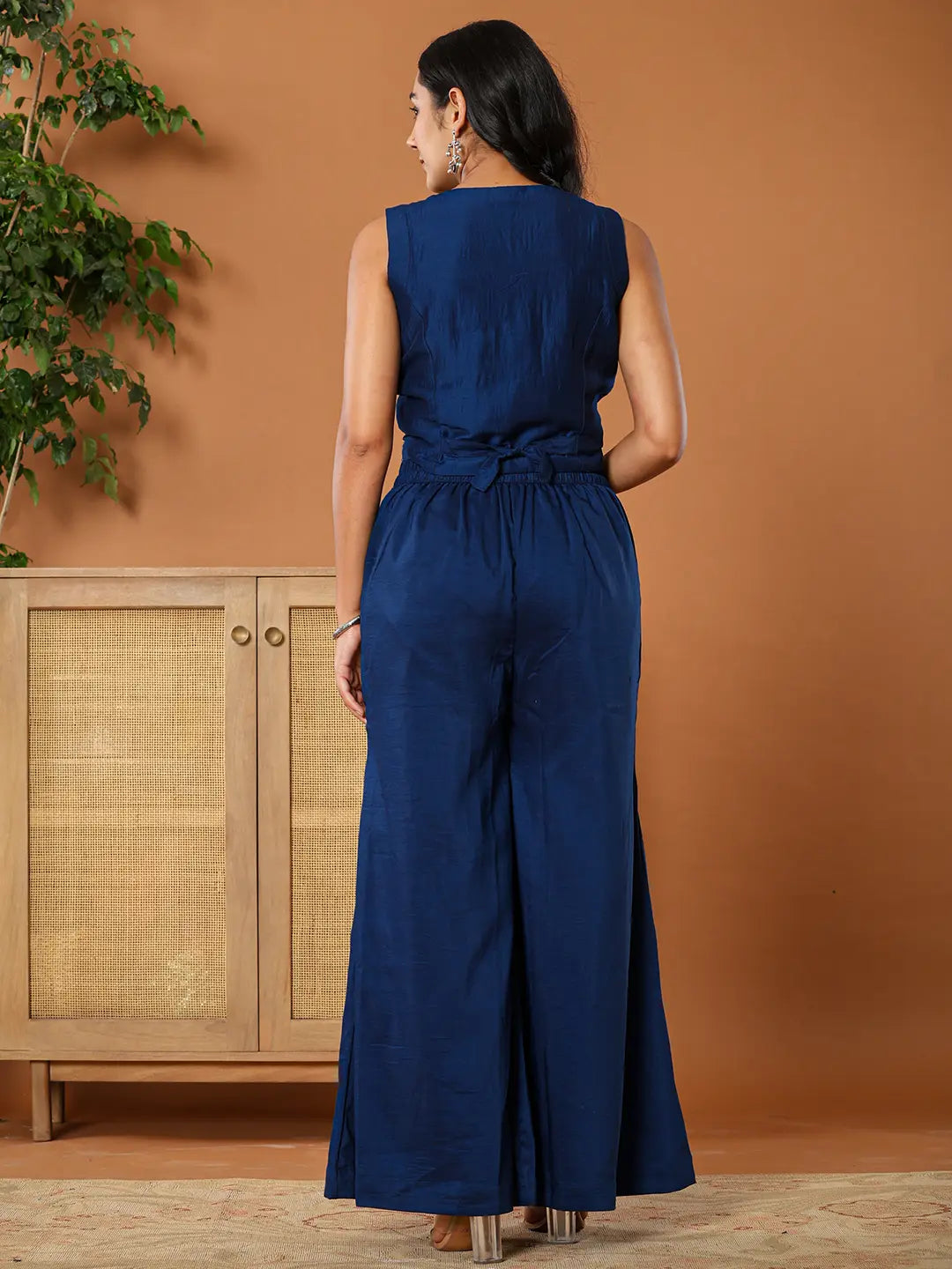 Embroidered Blue Waistcoat Co   Ord Set With Attached Lining