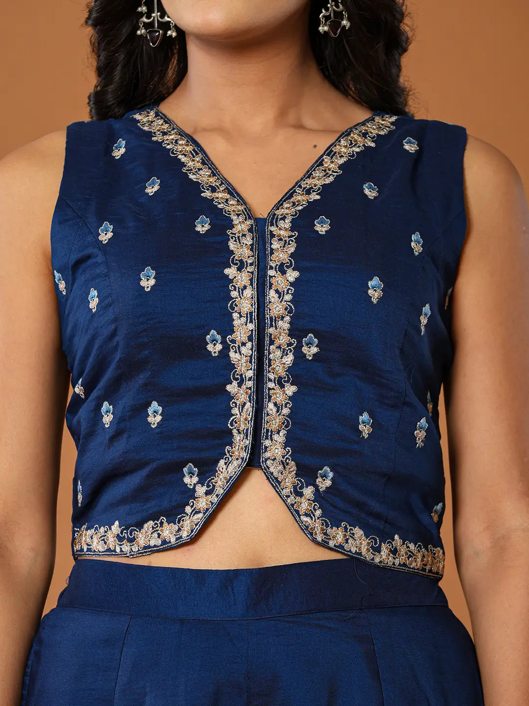 Embroidered Blue Waistcoat Co   Ord Set With Attached Lining
