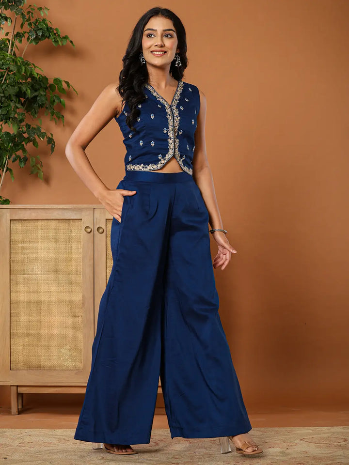 Embroidered Blue Waistcoat Co   Ord Set With Attached Lining