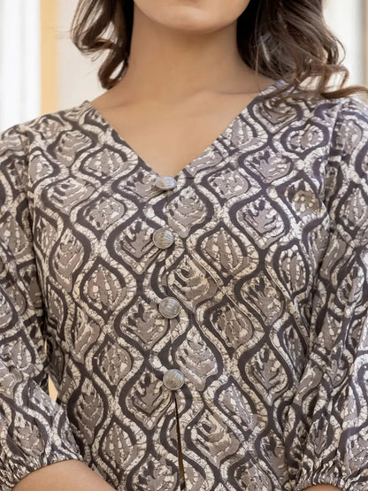 Ethnic Motifs Print Grey Cotton A Line Co Ord Set
